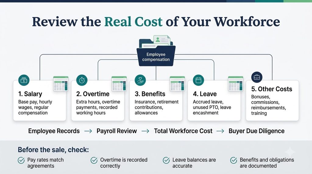 Employee salary, overtime, benefits and leave costs to review during HR due diligence
